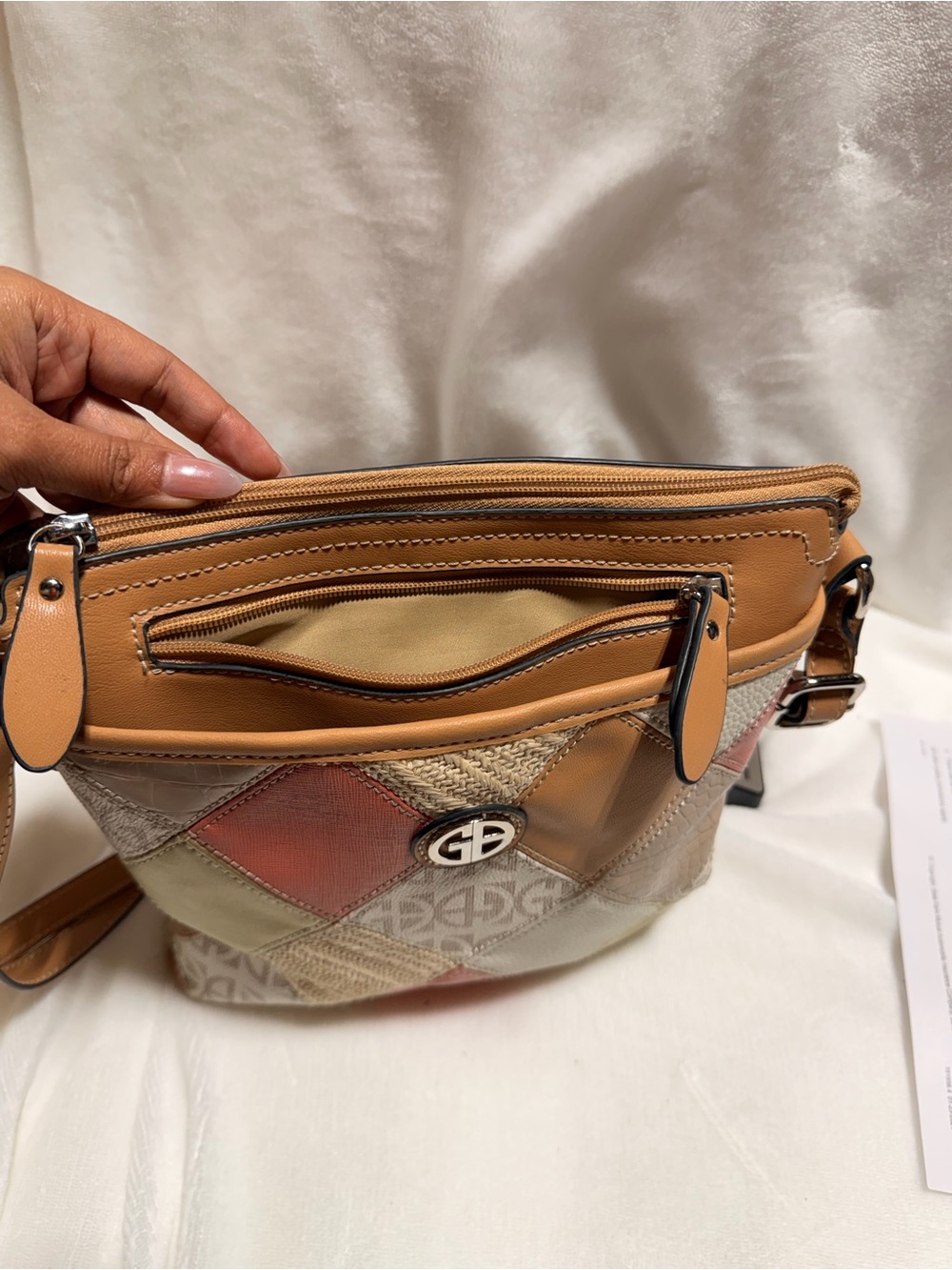 Gianni Bini Patchwork Crossbody in Peach, Cream & Tan - Picture 6 of 12